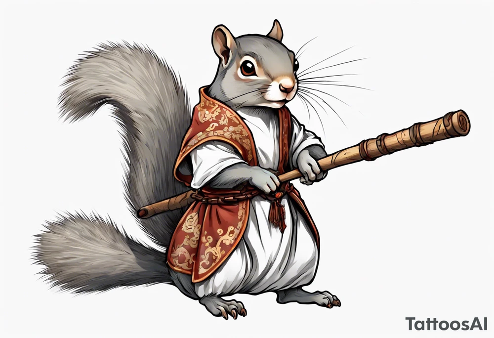 a grey squirrel with hazel eyes dressed in a medieval tunic holding a large white stick tattoo idea