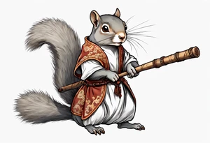 a grey squirrel with hazel eyes dressed in a medieval tunic holding a large white stick tattoo idea