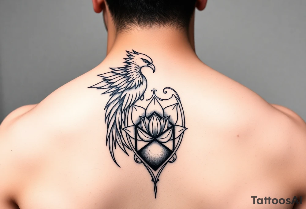 the phoenix and hour glass with lotus flower in kintsugi heart design tattoo idea