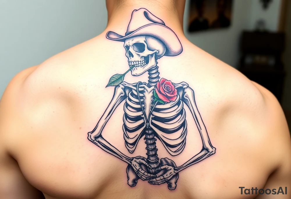 a full body skeleton cowboy with a rose in his mouth. tattoo idea