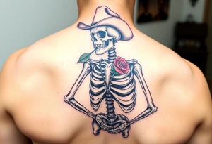 a full body skeleton cowboy with a rose in his mouth. tattoo idea