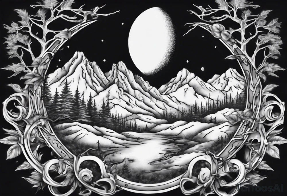 A moon with a face of clock mountain in the back ground tress in front of the moon tattoo idea