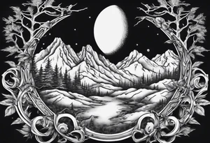 A moon with a face of clock mountain in the back ground tress in front of the moon tattoo idea