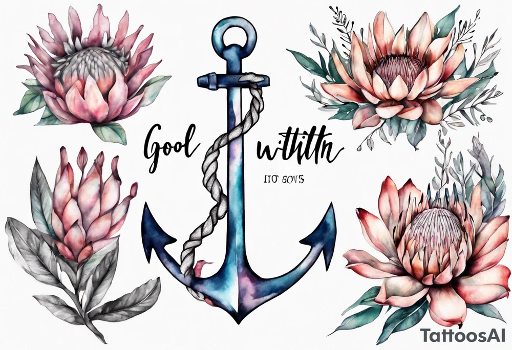 Very feminine tattoo of an anchor and protea flowers and the verse: God is within her, she will not fall. tattoo idea