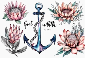 Very feminine tattoo of an anchor and protea flowers and the verse: God is within her, she will not fall. tattoo idea