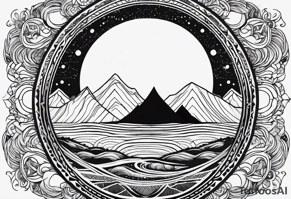 A moon that Drips at the bottom Surrounded by Mountains and waves. Mandala Style tattoo idea