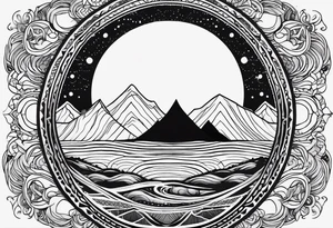 A moon that Drips at the bottom Surrounded by Mountains and waves. Mandala Style tattoo idea