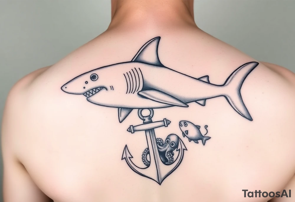 hammerhead-shark,under it an anchor,fishes,an octopus. tattoo idea