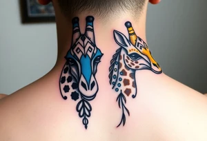 Dos jirafas hermanas. El hermano mayor de color azul y la pequeña de color amarillo. Un diseño minimalista y para un tatuaje pequeño tattoo idea
