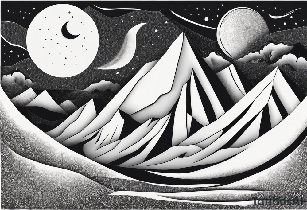 mountains and dunes and moon in the lonely desert tattoo idea