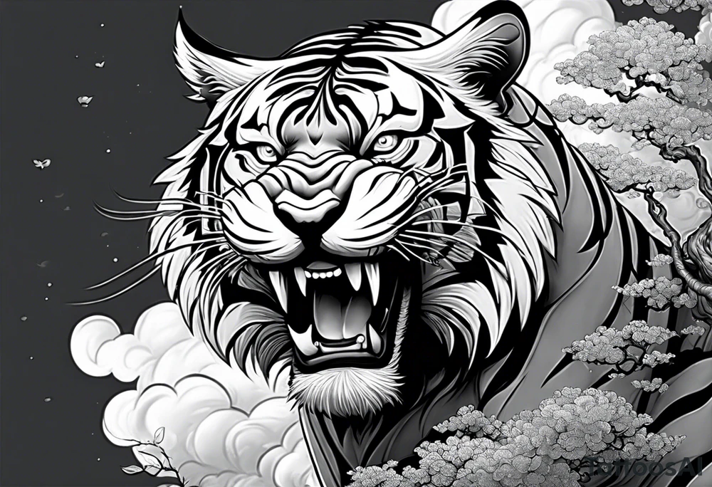 Asian Japanese Chinese style tiger with a full body not just head twisting body for a forearm half sleeve, clouds tattoo idea