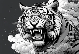Asian Japanese Chinese style tiger with a full body not just head twisting body for a forearm half sleeve, clouds tattoo idea