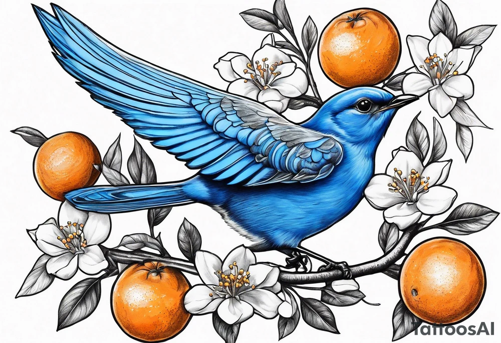 bluebird in flight with an orange blossom branch in its mouth tattoo idea