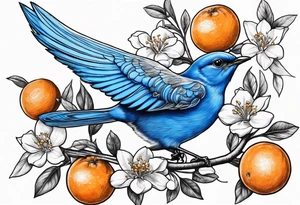 bluebird in flight with an orange blossom branch in its mouth tattoo idea