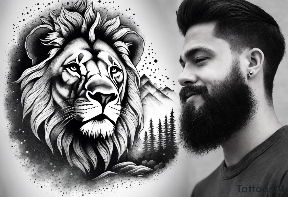 Tattoo in the shape of a lion head with a father and son in the mountains with  a waterfall and cross in the background and a sunset inside of it tattoo idea