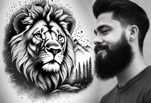 Tattoo in the shape of a lion head with a father and son in the mountains with  a waterfall and cross in the background and a sunset inside of it tattoo idea