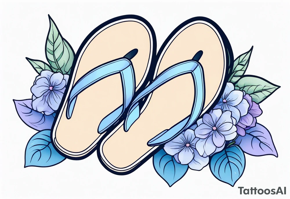 small tattoo of a pastel blue flip flop surrounded by blue and lavender hydrangea flowers tattoo idea