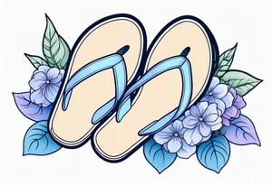 small tattoo of a pastel blue flip flop surrounded by blue and lavender hydrangea flowers tattoo idea