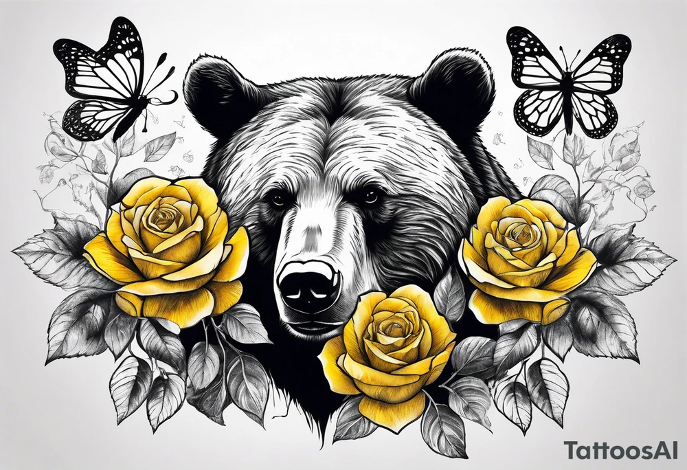 A bear sitting under the tree of life with three yellow roses, and three butterflies tattoo idea