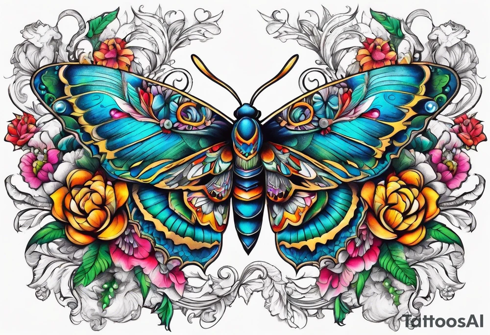 ornaments of flowers and moth with crystals 
chest piece tattoo idea
