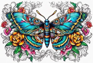 ornaments of flowers and moth with crystals 
chest piece tattoo idea