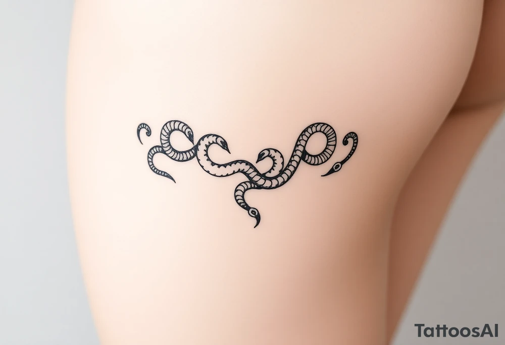 Fine-line thigh tattoo, luxury body chain made of intertwined snakes, Medusa-inspired symbolism, feminine, dainty, blackwork, hip to mid-thigh tattoo idea