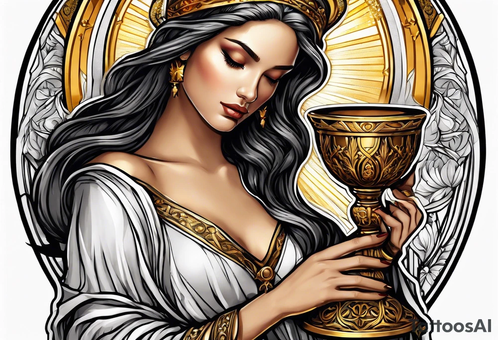 woman saint holding chalice surrounded by golden halo sideways tattoo idea