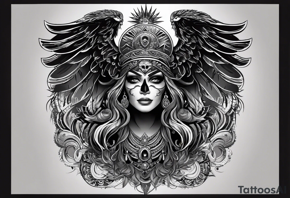 black kali, goddess pirate, alien, pachamama, valkrye, warrior, skull, lotus azul, wing, eagle, zenza resonance, stars, 5D tattoo idea