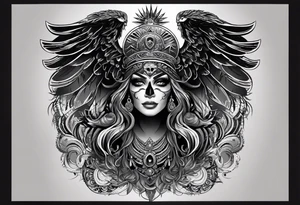 black kali, goddess pirate, alien, pachamama, valkrye, warrior, skull, lotus azul, wing, eagle, zenza resonance, stars, 5D tattoo idea