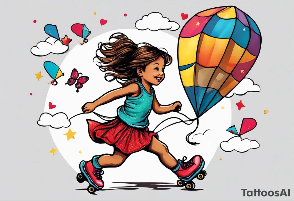 a little girl running with a kite and a teddy bear on roller skates following her with the words "Go Fly A Kite" tattoo idea