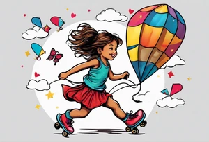 a little girl running with a kite and a teddy bear on roller skates following her with the words "Go Fly A Kite" tattoo idea