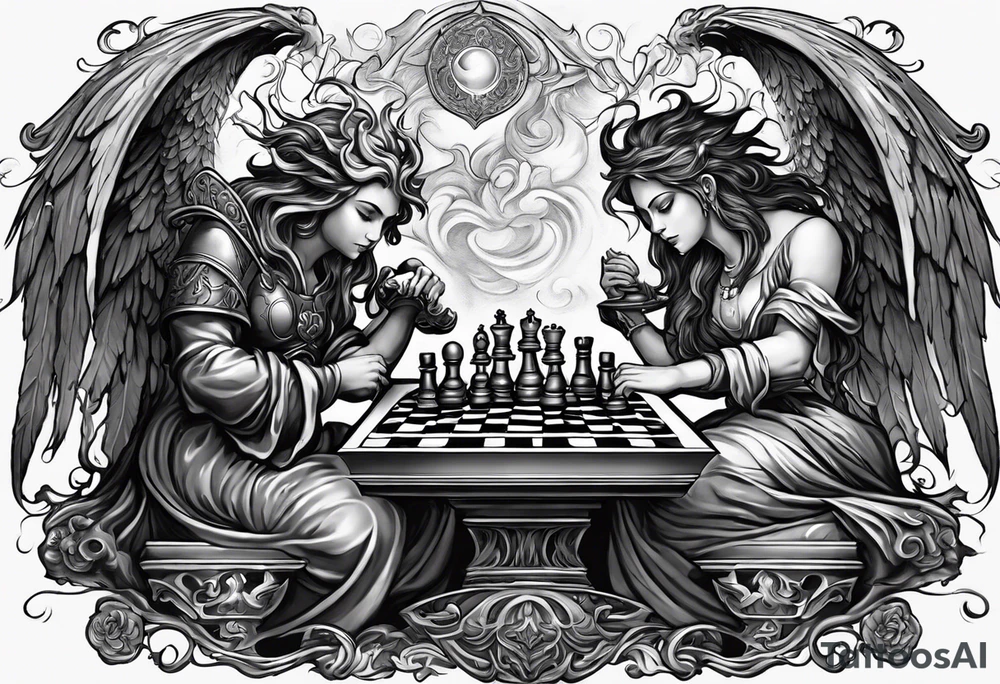 Depict an angel and demon playing chess on a board that morphs from celestial clouds to fiery inferno, representing the merging of the spiritual realms in the eternal game tattoo idea