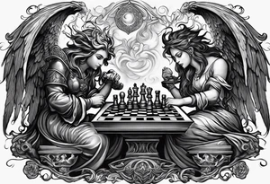 Depict an angel and demon playing chess on a board that morphs from celestial clouds to fiery inferno, representing the merging of the spiritual realms in the eternal game tattoo idea