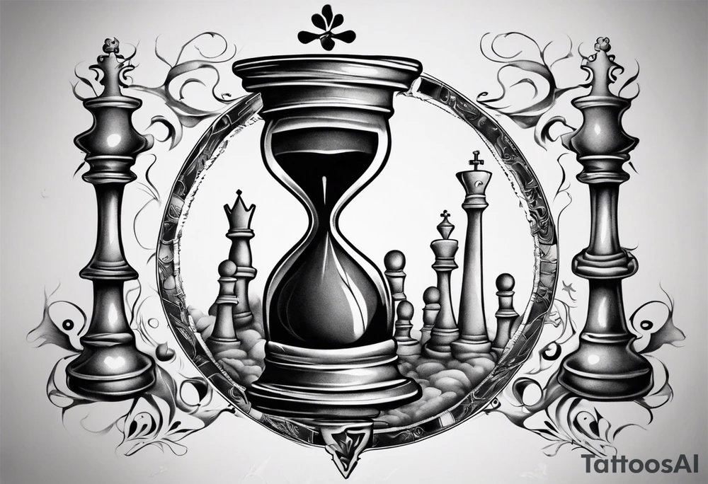 hourglass in the shape of a chess peace with filagree in the background tattoo idea