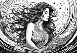 long-haired woman emerging from water, reaching up to a star tattoo idea