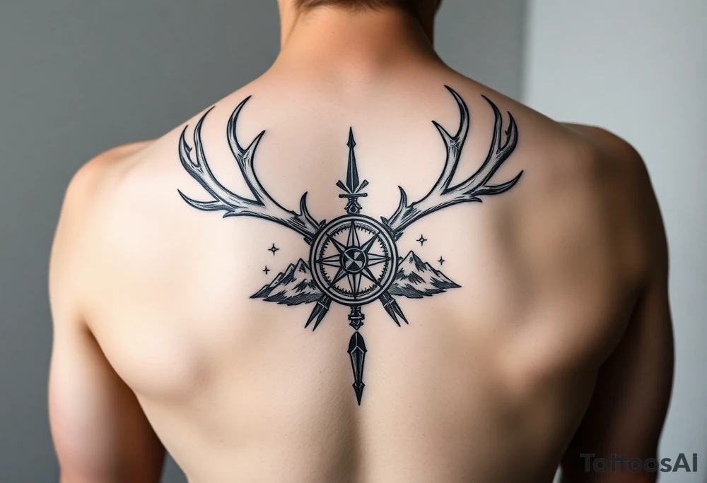 Spine tattoo of elk and deer antlers, a compass, and mountains tattoo idea