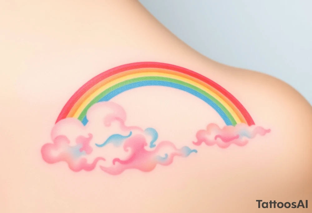 A vibrant rainbow stretching across a cloudy sky, with soft pastel gradients, symbolizing hope after a storm tattoo idea