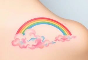 A vibrant rainbow stretching across a cloudy sky, with soft pastel gradients, symbolizing hope after a storm tattoo idea