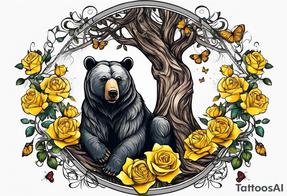 A bear sitting under the tree of life with three yellow roses, and three butterflies tattoo idea