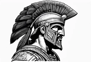 Side profile of spartan soilder with ancient pillars in background tattoo idea