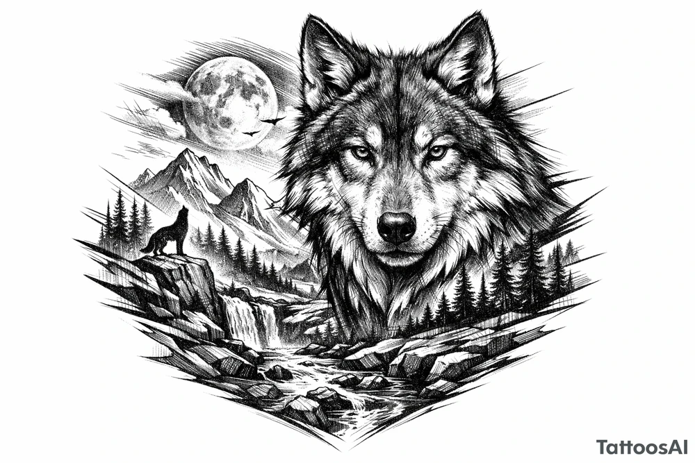 a wolf, landscape tattoo idea