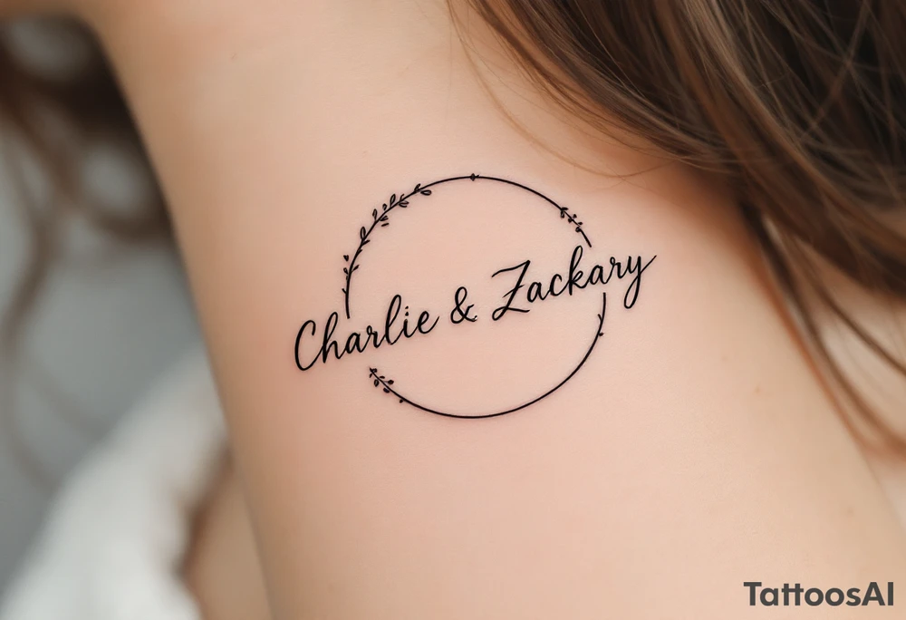 Create a small, elegant tattoo design that incorporates the names "Charlie" and "Zackary" in delicate, flowing cursive. Enclose the names inside a larger, refined symbol—such as a softly stylized mandala, circular frame, or subtle shield—to represent unity and protection. Integrate gentle accents like a small heart, minimal floral details, or an infinity symbol to evoke enduring love and family. The overall design should be minimalist and refined, perfect for discreet placement on the wrist or inner forearm. tattoo idea