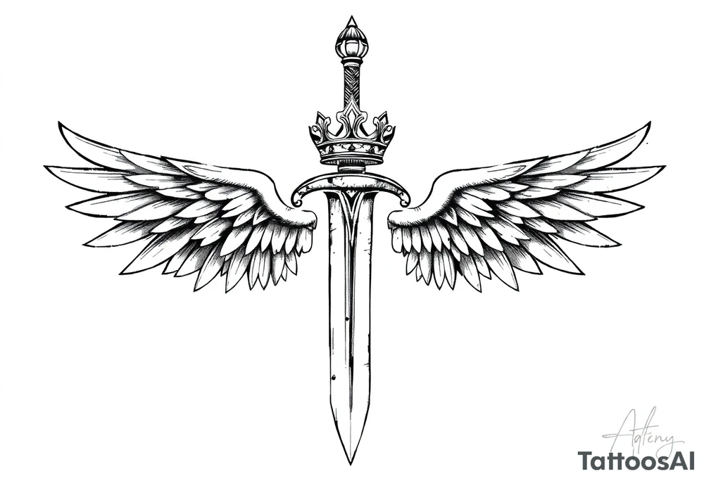 A sword with wings on the handle and a crown over the sword tattoo idea