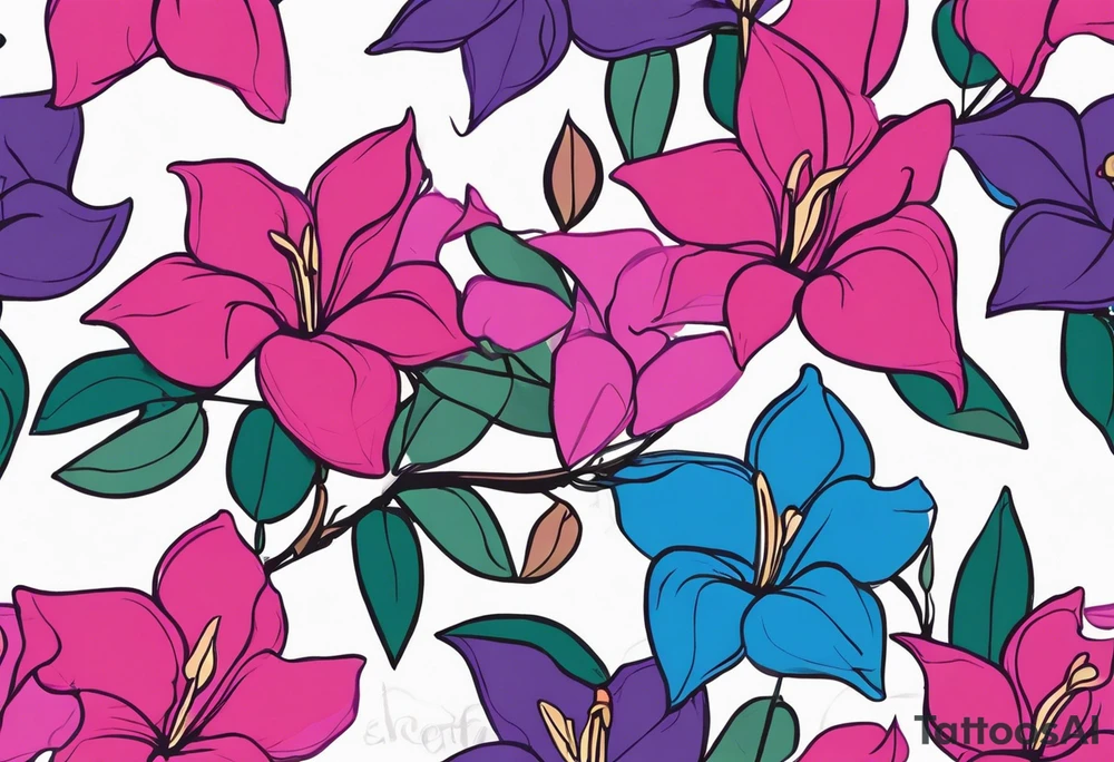 brushstroke abstract pink, purple, and blue mandevilla flowers on a vine, with color leaking out into the background. SOme of the flowers should be full color, and some just linework. It should have a handdrawn, sketch feel. tattoo idea