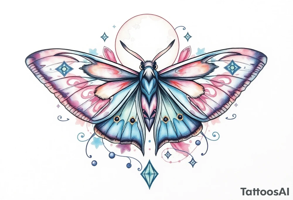 Delicate Luna moth surrounded by celestial accents tattoo idea