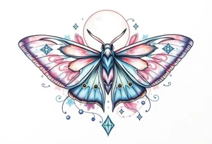 Delicate Luna moth surrounded by celestial accents tattoo idea