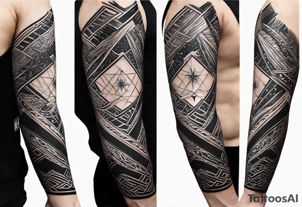 complete upper arm sleeve. Feature three mountain side by side, with 3 stars above them crossed sword patterns that evoke the Valkyrie spirit. Keep the design in clean, simple lines. tattoo idea