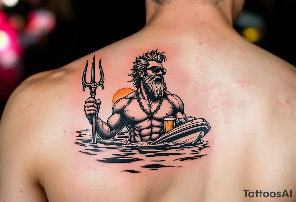 young, happy, fit, short hair, poseidon in calm water, holding a trident, drinking a beer, with sunset, with ski boat, with sunglasses tattoo idea