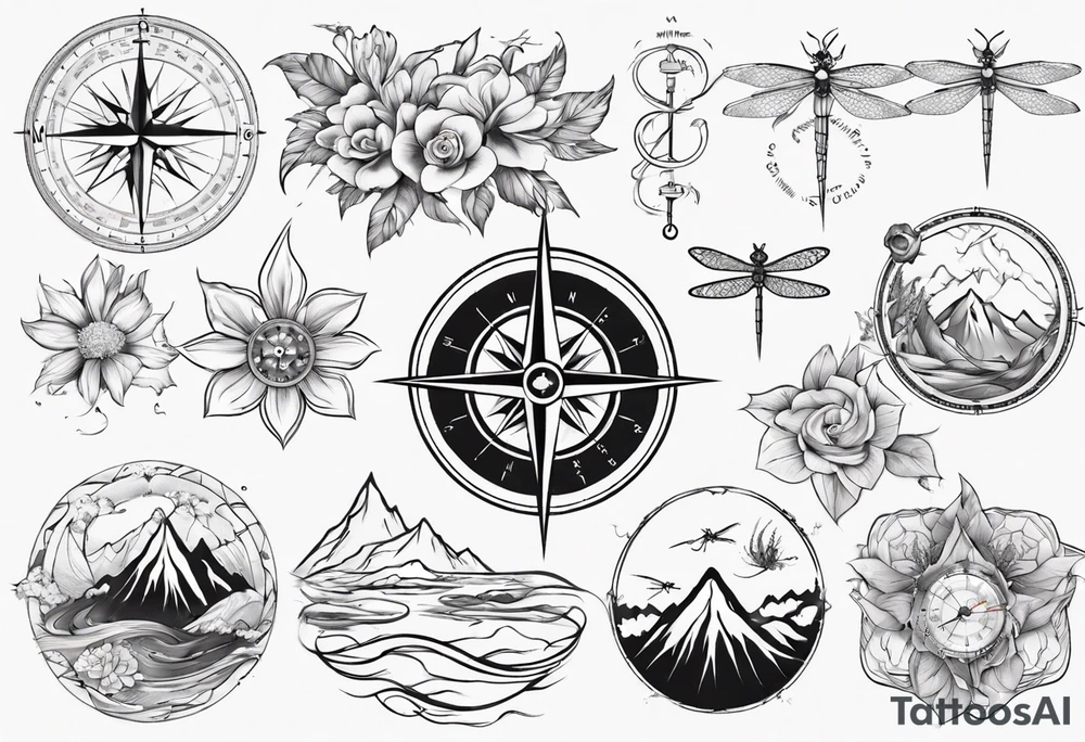 Compass, waves, mountains,
with flowers and dragon fly tattoo idea