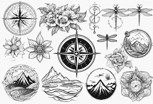 Compass, waves, mountains,
with flowers and dragon fly tattoo idea